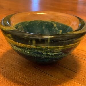 Artisan Hand-Blown Glass Bowl in Green and Yellow